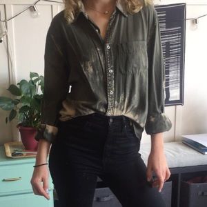 Dip dyed bleached distressed army green button up